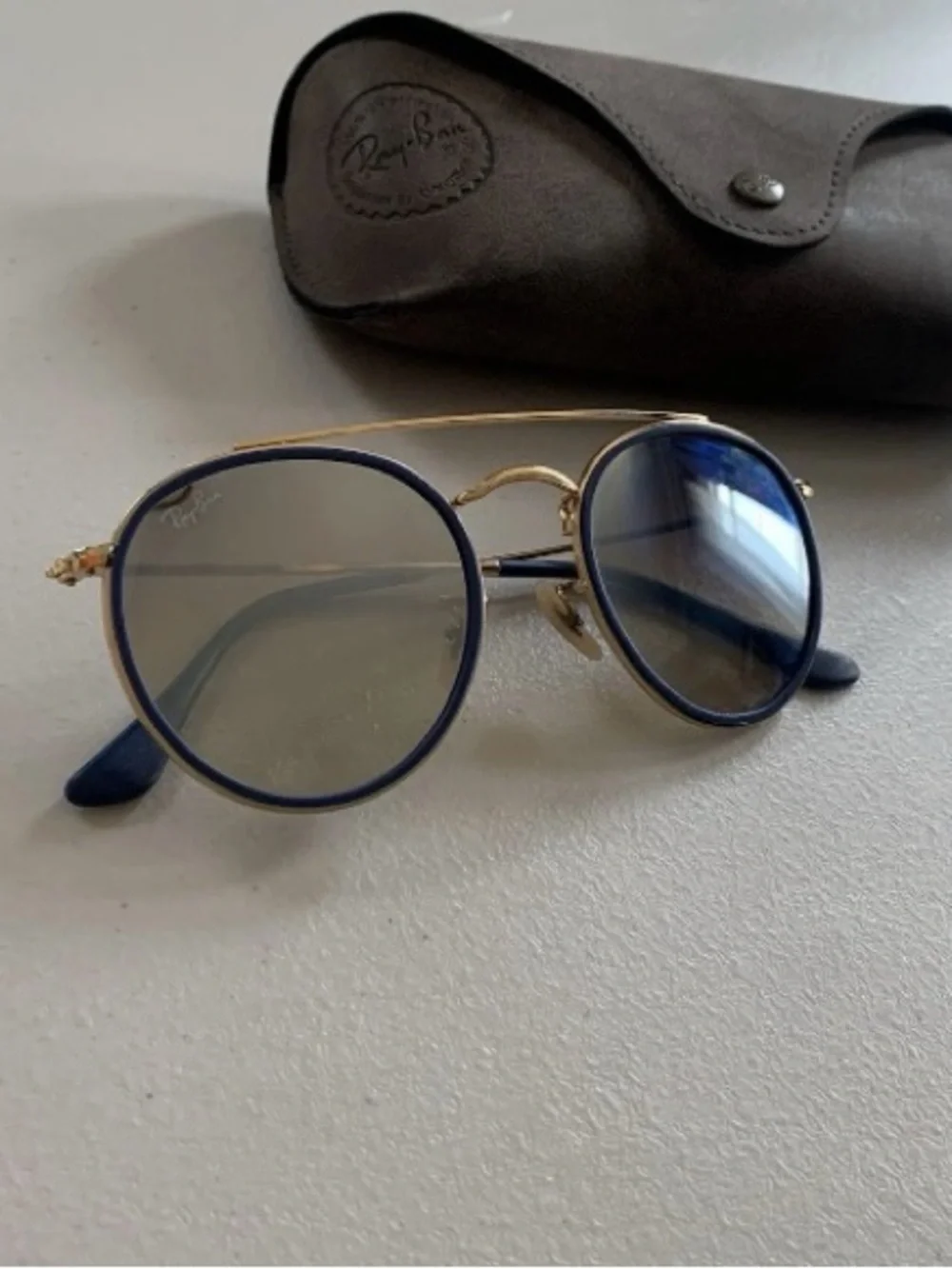 Ray-Ban Round Double-Bridge Sunglasses in Blue and Gold with Blue Temple Tips